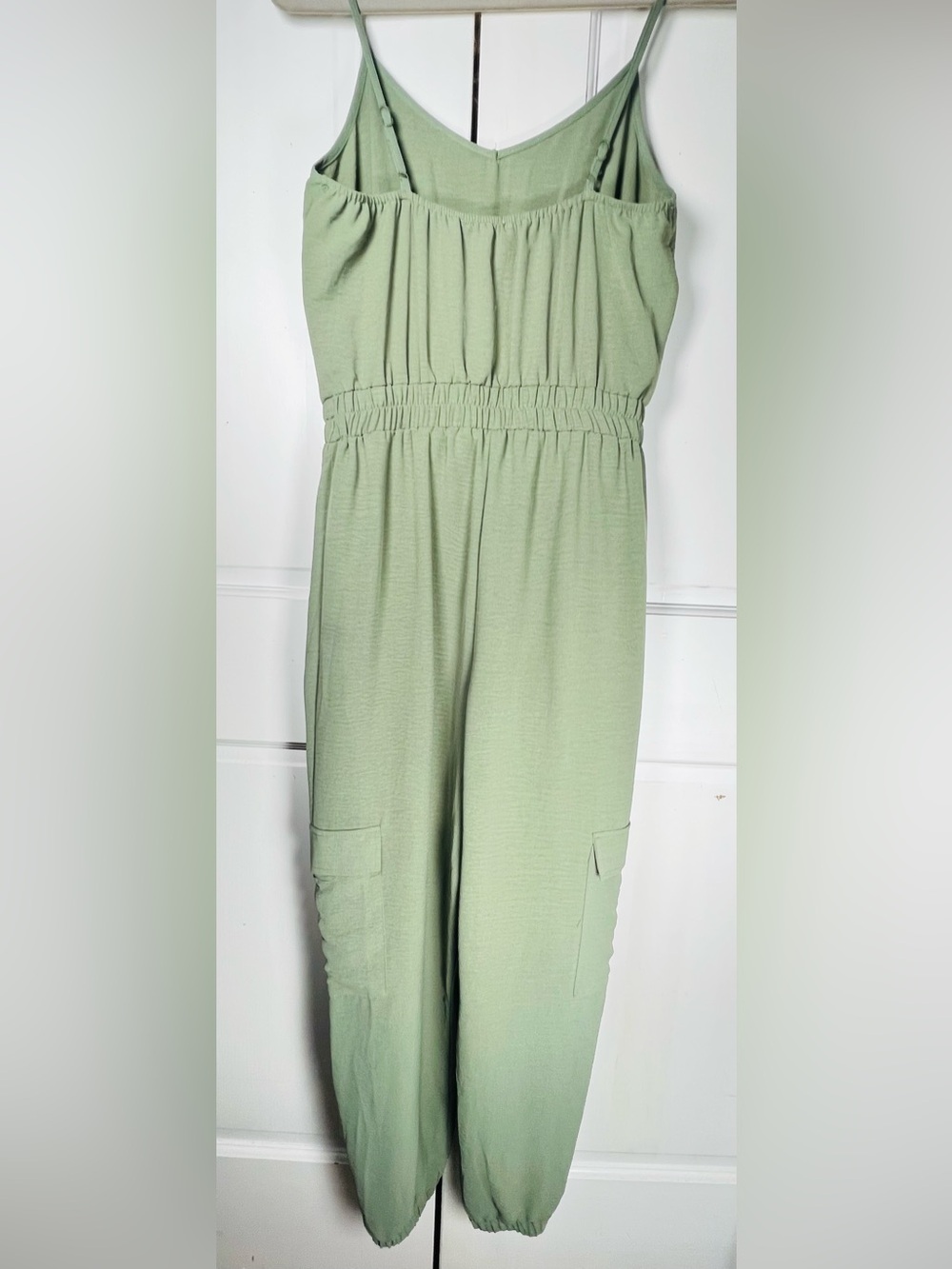 Inspired Heart Cargo Pockets Jumpsuit Elastic Waist Sage Green Sz S - Picture 6 of 8